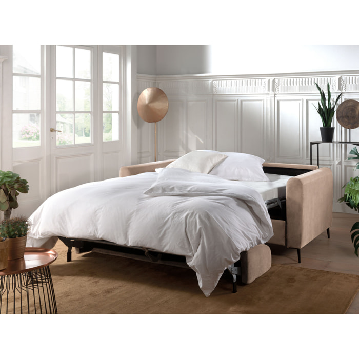 Owen - canapé lit 3 places convertible express couchage quotidien 140 cm matelas 12 cm en velours - Beige