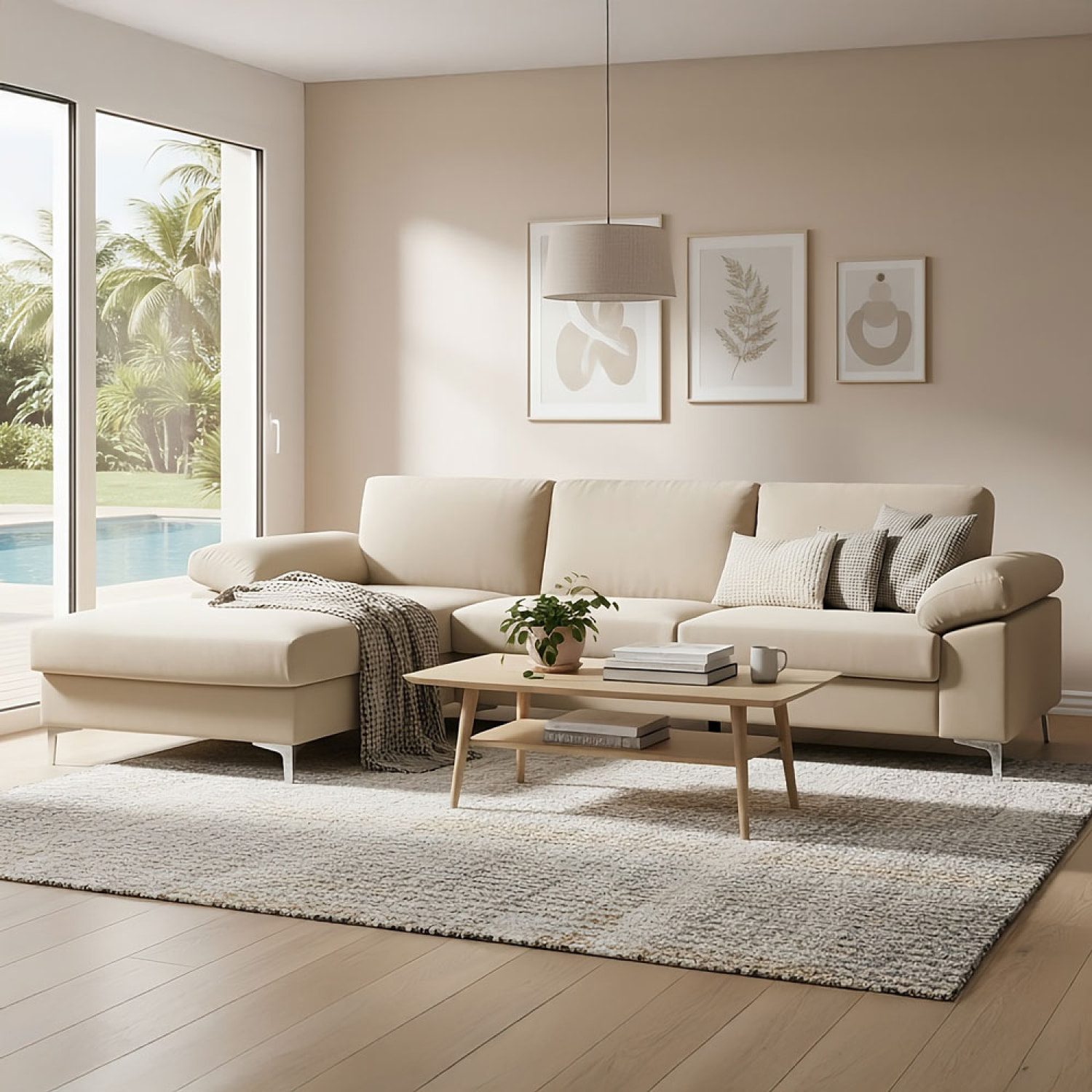 Canapé d'angle gauche 4-5 places en velours beige SOUTH