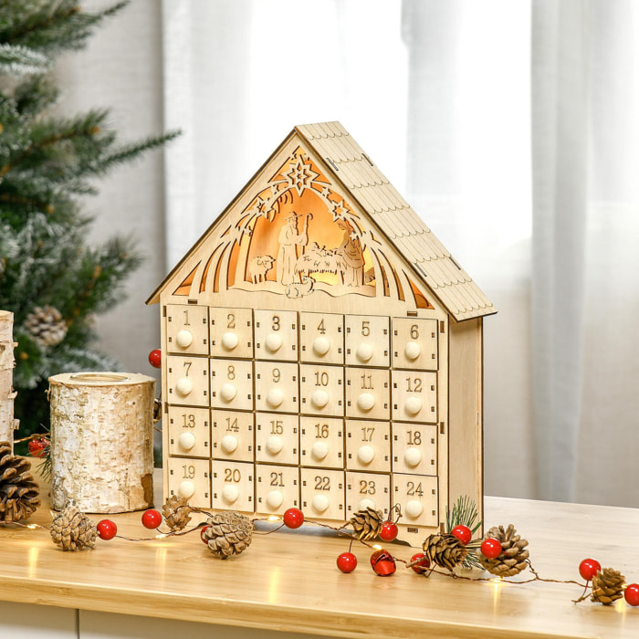 Calendario de Adviento de Madera con Luces Calendario de Navidad con 24 Cajas de Cuenta Regresiva Decoración Navideña para Rellenar 26,6x6x30 cm Natural