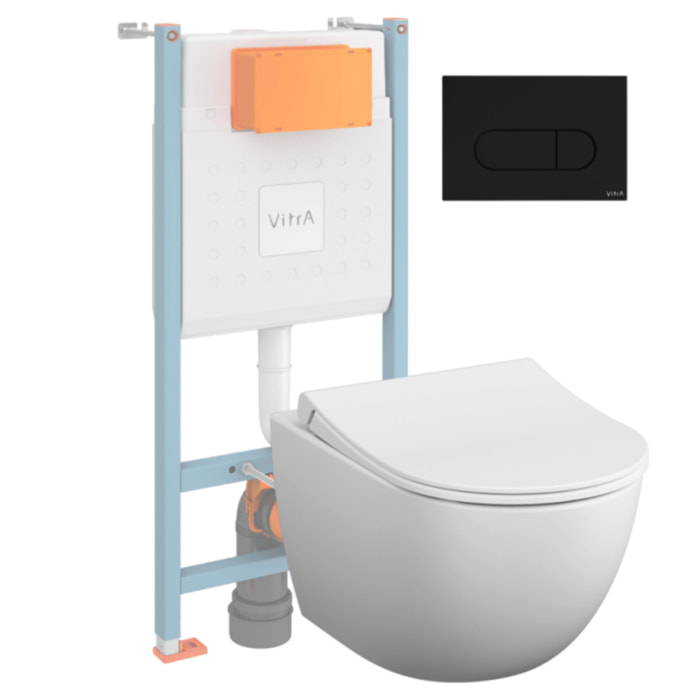 Pack WC suspendu VITRA Sento blanc + bâti autoportant V-Fix Core + Plaque Round Noir mat