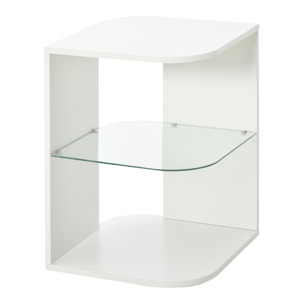 Guéridon design contemporain étagère verre trempé aspect bois blanc