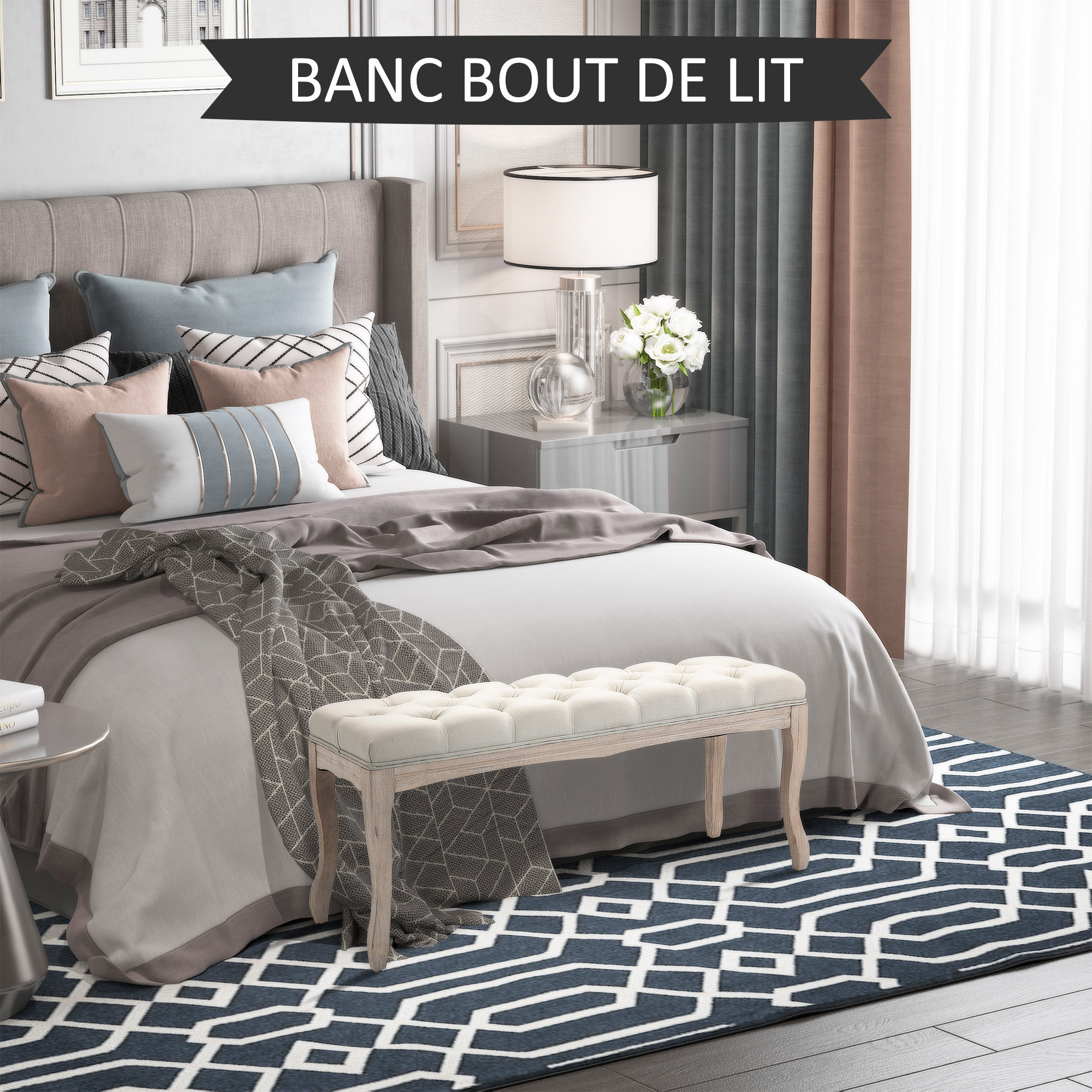 Banc banquette capitonnée style classique chic dim. 110L x 40l x 48H cm piètement bois hévéa sculpté lin beige