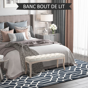 Banc banquette capitonnée style classique chic dim. 110L x 40l x 48H cm piètement bois hévéa sculpté lin beige