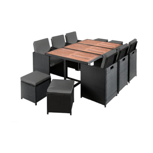 Cuba - Salon de jardin encastrable 10 places - en résine tressée - Noir avec coussins gris + housse de protection - Noir / Gris