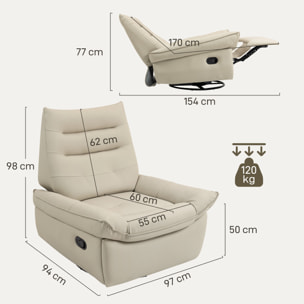 Sillón Relax Reclinable Manual, Sillón Relax Giratorio, Función Balancín, Tapizado en PU, Reposapiés, Asiento Amplio, Acolchado Grueso, Butaca Reclinable hasta 135Âº, Crema