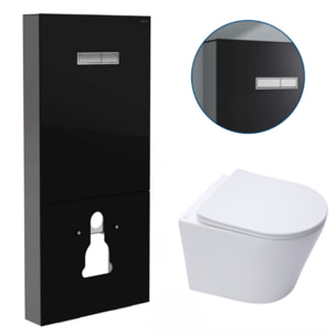 Pack Bâti support en verre trempé/aluminium brossé avec plaque intégrée, Noir brillant + WC sans bride SAT + Abattant softclose