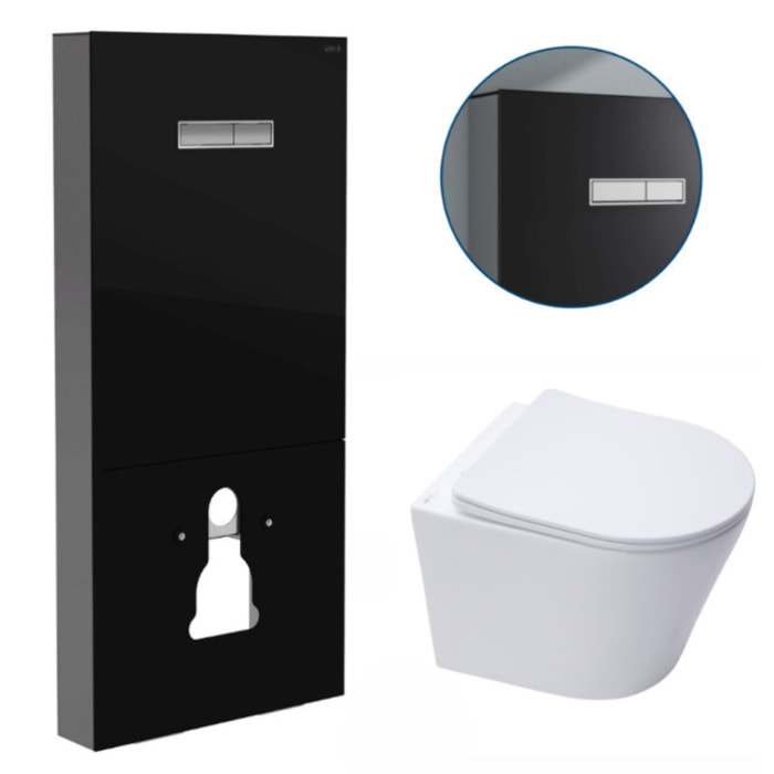 Pack Bâti support en verre trempé/aluminium brossé avec plaque intégrée, Noir brillant + WC sans bride SAT + Abattant softclose