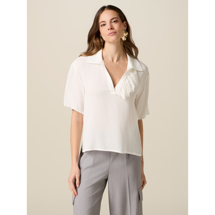 Oltre - Blusa a polo in tessuto crêpe - Bianco