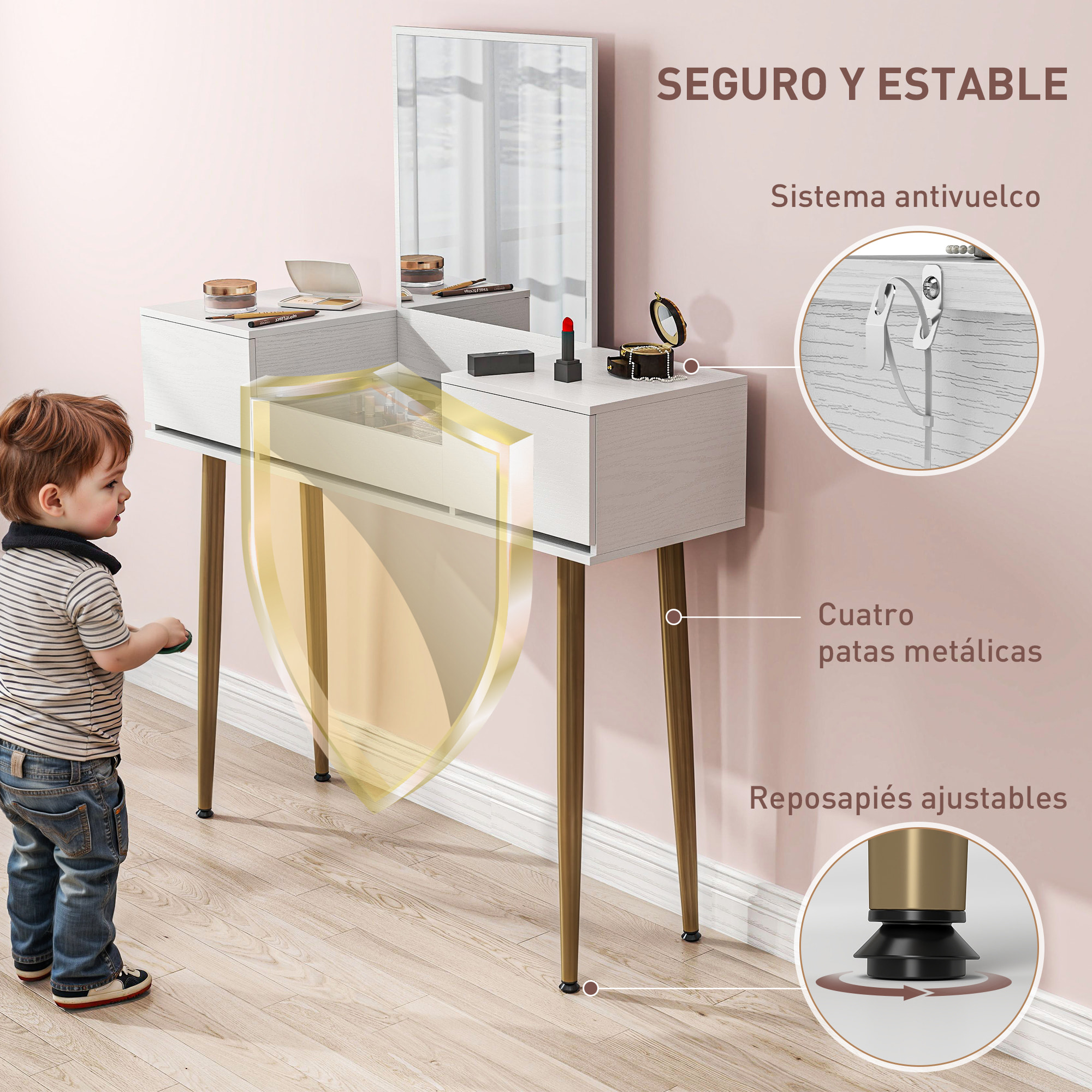 Tocador de Maquillaje con Espejo Tocador con Encimera de Vidrio Templado Visible 3 Cajones Mesa de Maquillaje Moderna para Dormitorio Blanco