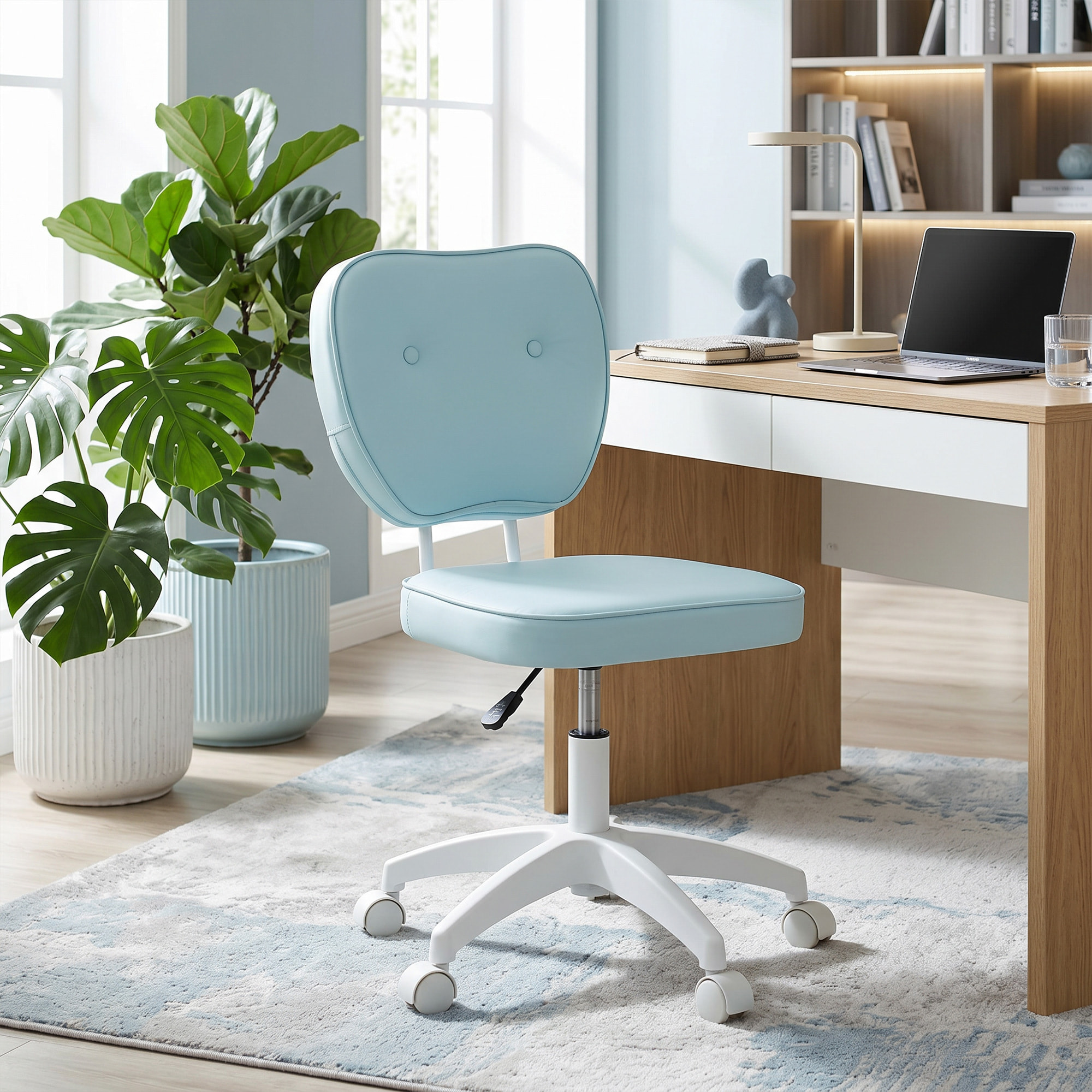 Silla de Escritorio Tapizada en PU Silla de Oficina Giratoria con Altura Ajustable sin Brazos Carga 120 kg para Estudio Dormitorio 46x59x82-92 cm Azul Claro