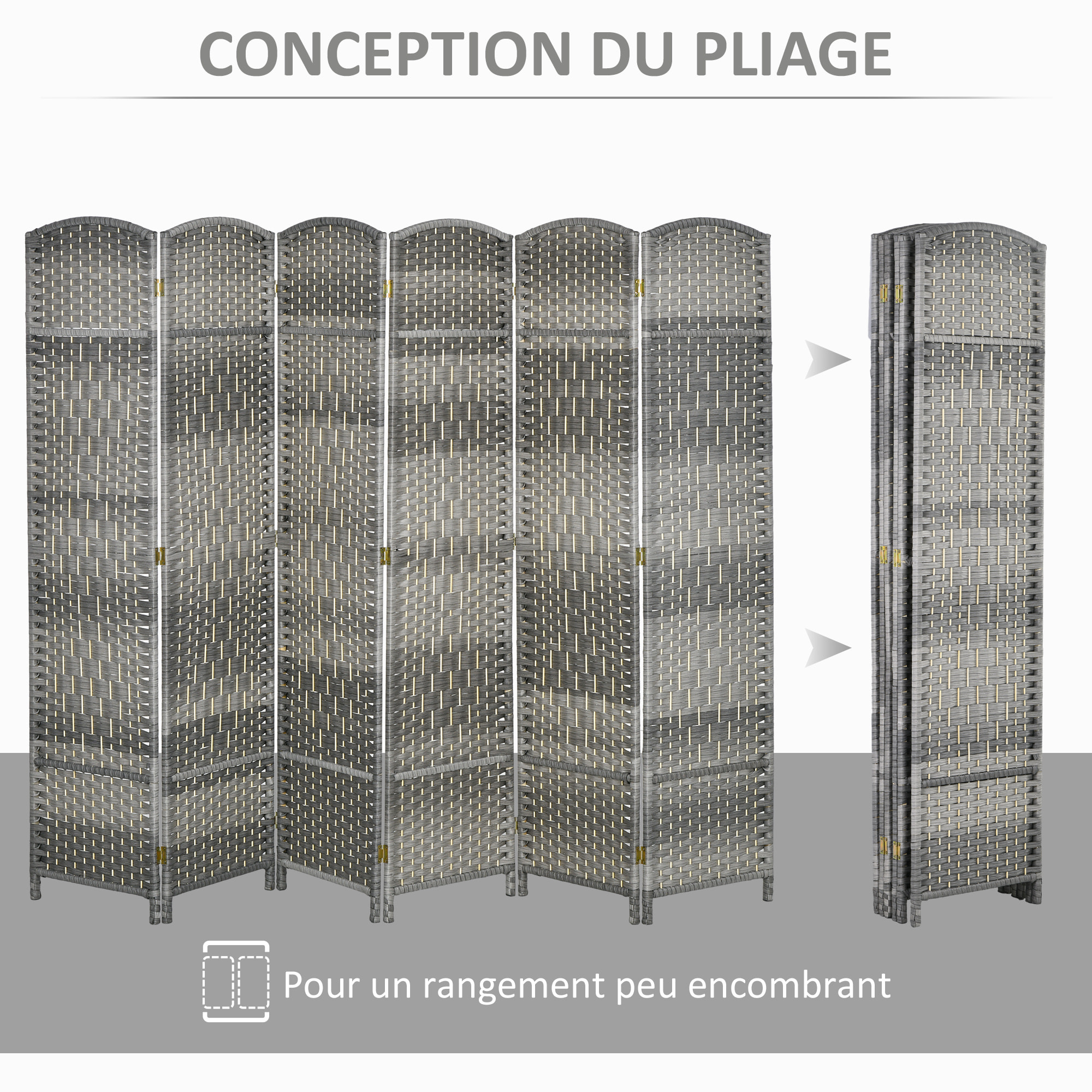 Paravent intérieur 6 panneaux pliables en bois séparateur de pièce style bohème tissé gris