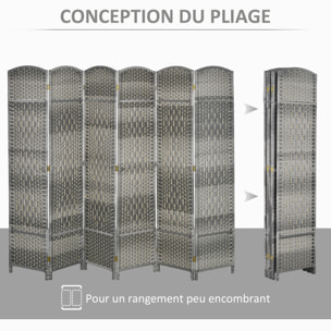 Paravent intérieur 6 panneaux pliables en bois séparateur de pièce style bohème tissé gris