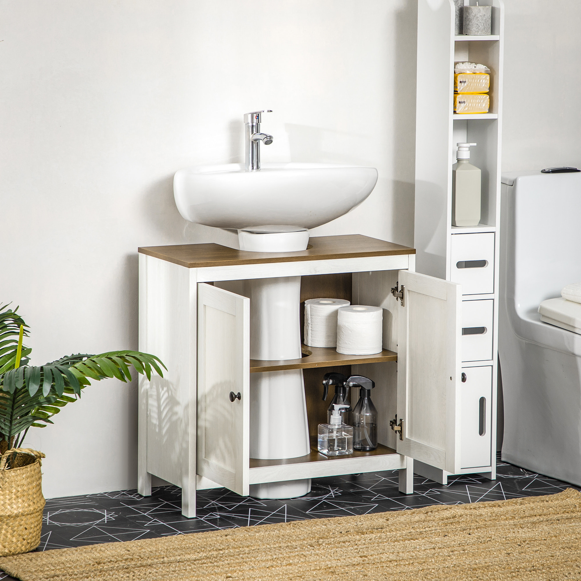 Mueble para Debajo del Lavabo Armario Bajo Lavabo de Madera con 2 Puertas y Estante Ajustable Armario de Baño de Suelo Moderno 60x30x60 cm Blanco