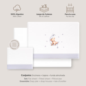 Triptico Cuna Franela Estampado Oso Luna Estrellas Bco/Gris