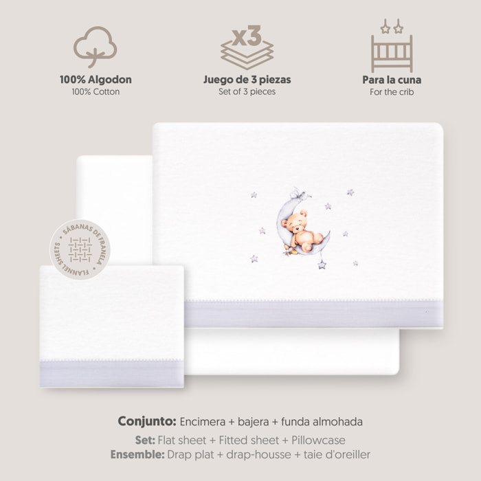 Triptico Cuna Franela Estampado Oso Luna Estrellas Bco/Gris