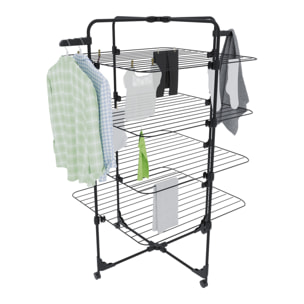 Stendibiancheria Da Pavimento Con Rotelle Stendino A Torre Verticale In Acciaio 4 Ripiani 2 Appendi Grucce Pieghevole 168.5x71x71 Cm Nero Opaco