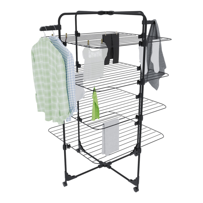 Stendibiancheria Da Pavimento Con Rotelle Stendino A Torre Verticale In Acciaio 4 Ripiani 2 Appendi Grucce Pieghevole 168.5x71x71 Cm Nero Opaco