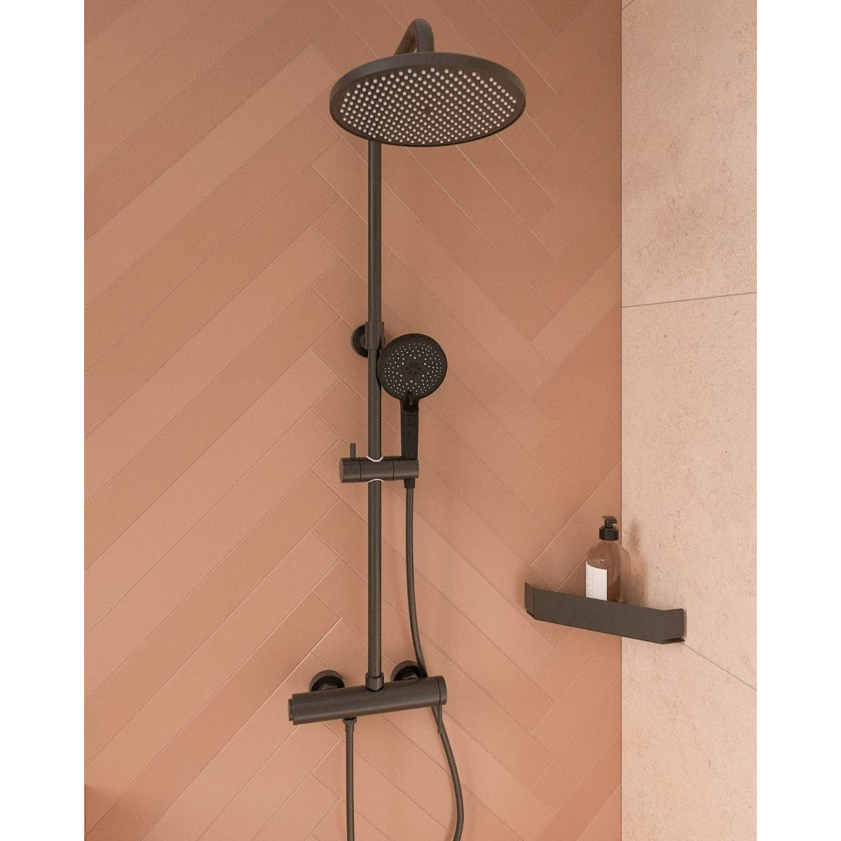 Système de douche mural avec mitigeur monocommande + douche de tête + douchette à main 3 jets, noir mat (SATSSPKCNEW)