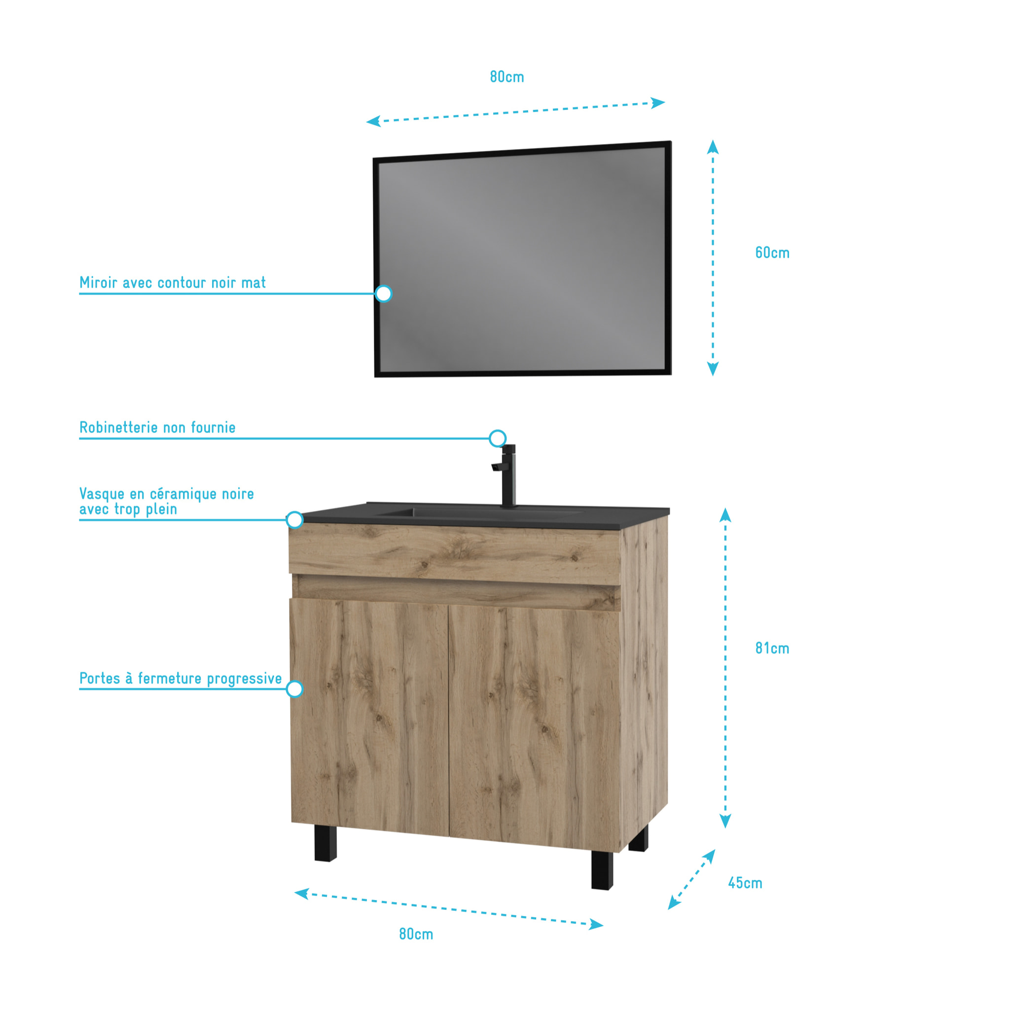 Meuble salle de bain 80x80 cm - Finition chene naturel + vasque noire + miroir - TIMBER 80 - Pack05