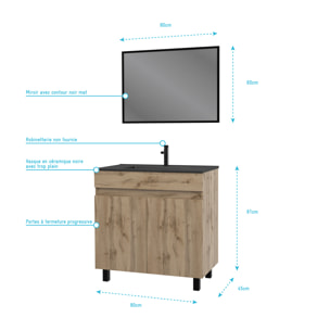 Meuble salle de bain 80x80 cm - Finition chene naturel + vasque noire + miroir - TIMBER 80 - Pack05