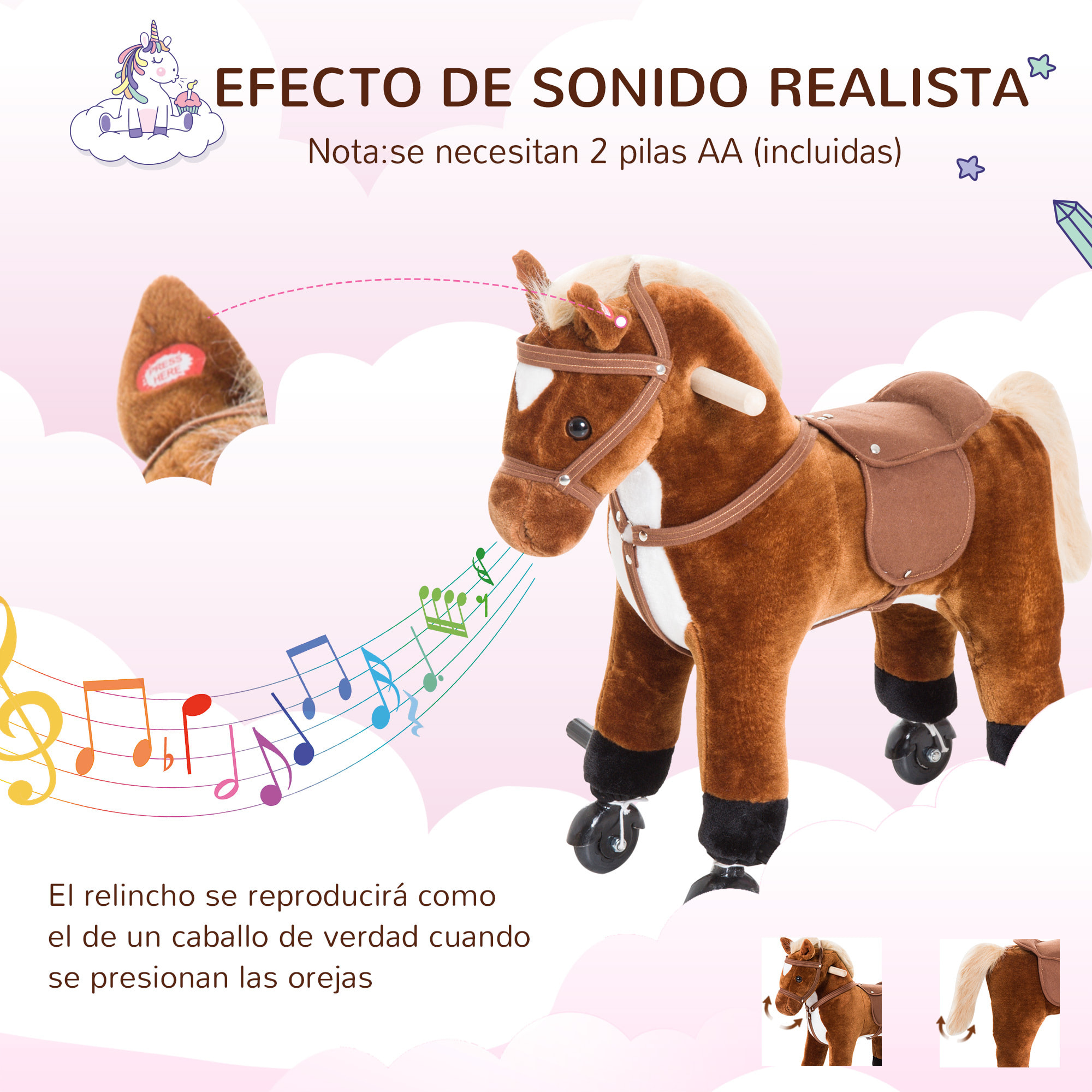 Caballito para Bebes de +36 Meses Caballo con Ruedas Sonidos de Relincho Palos y Pedales Carga 60 kg 55x23x60 cm Marrón