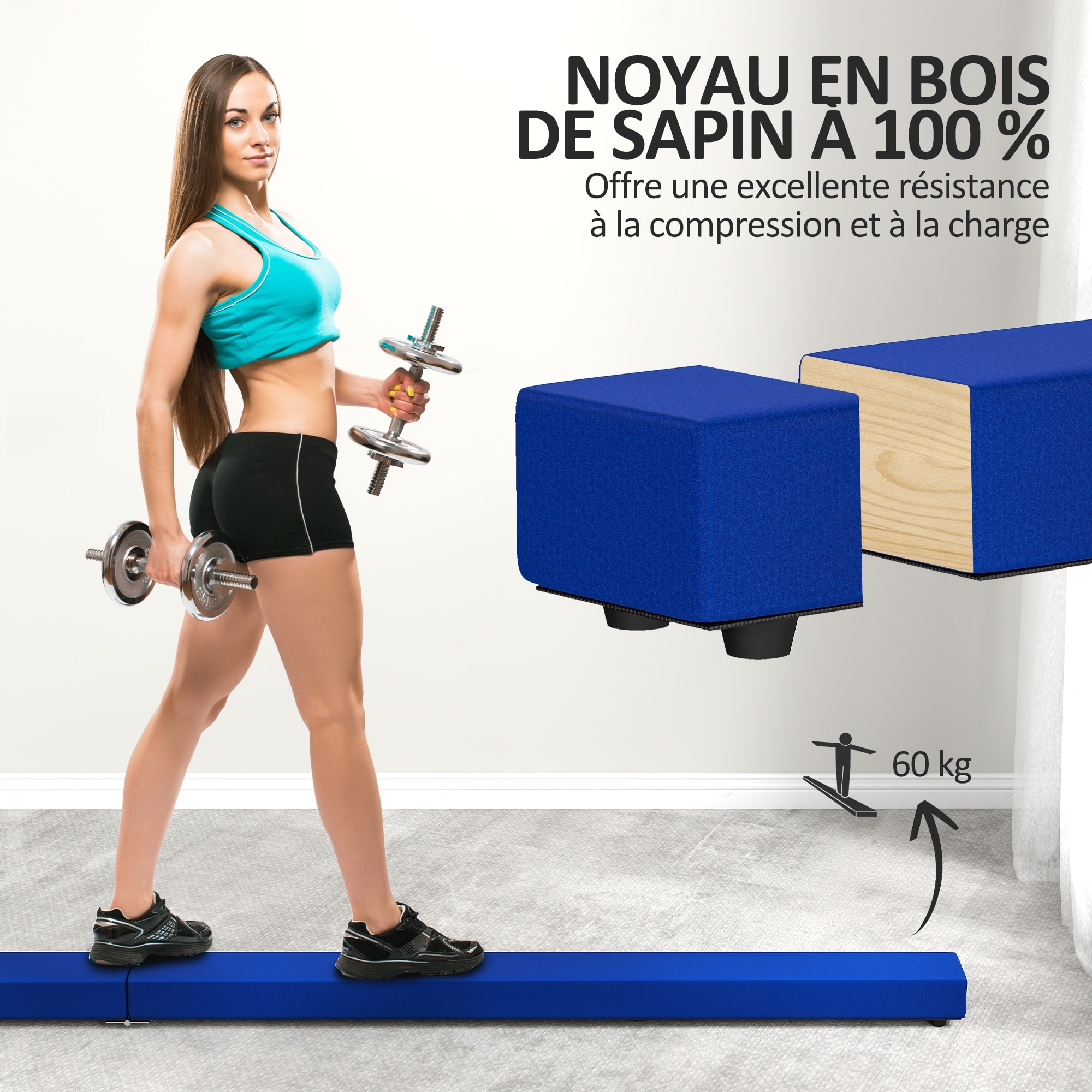 Poutre gymnastique pliable 240 cm - poutre d'équilibre antidérapante - bois de pin revêtement flanelle bleu