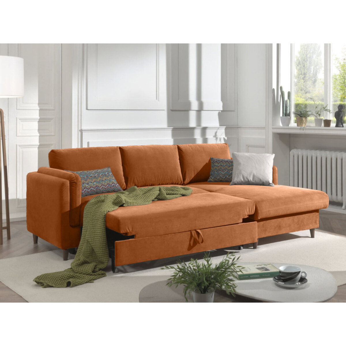 Brooke - canapé d'angle droit - convertible avec coffre - 4 places - en velours - Rouille