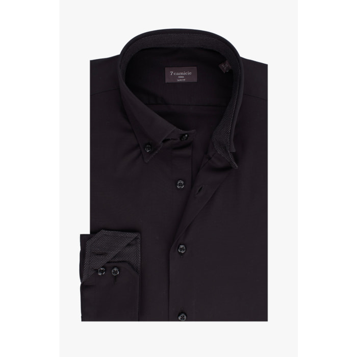 Camicia Uomo 2 Bottoni Button Down Slim Popeline Stretch Unito Nero