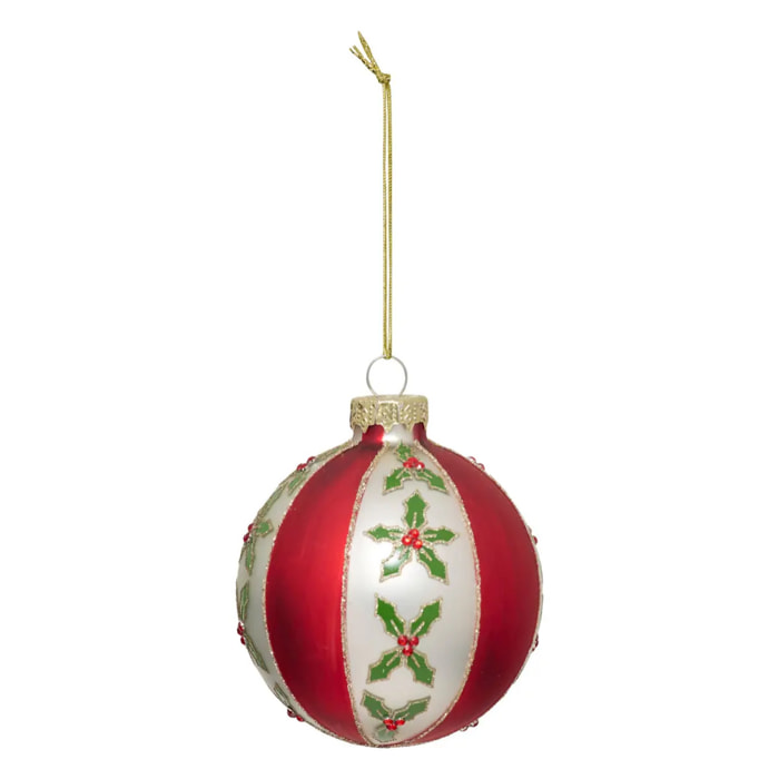 Boule verre décor houx D.8cm rouge et blanc