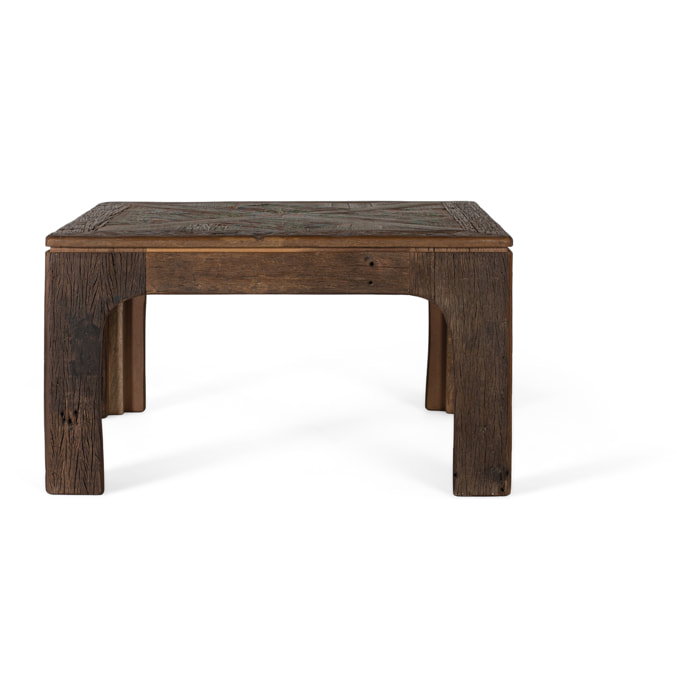 Table Basse Carrée en Bois Récupéré 80 cm Noyer Vieilli et Multicolore Style Ethnique Floral