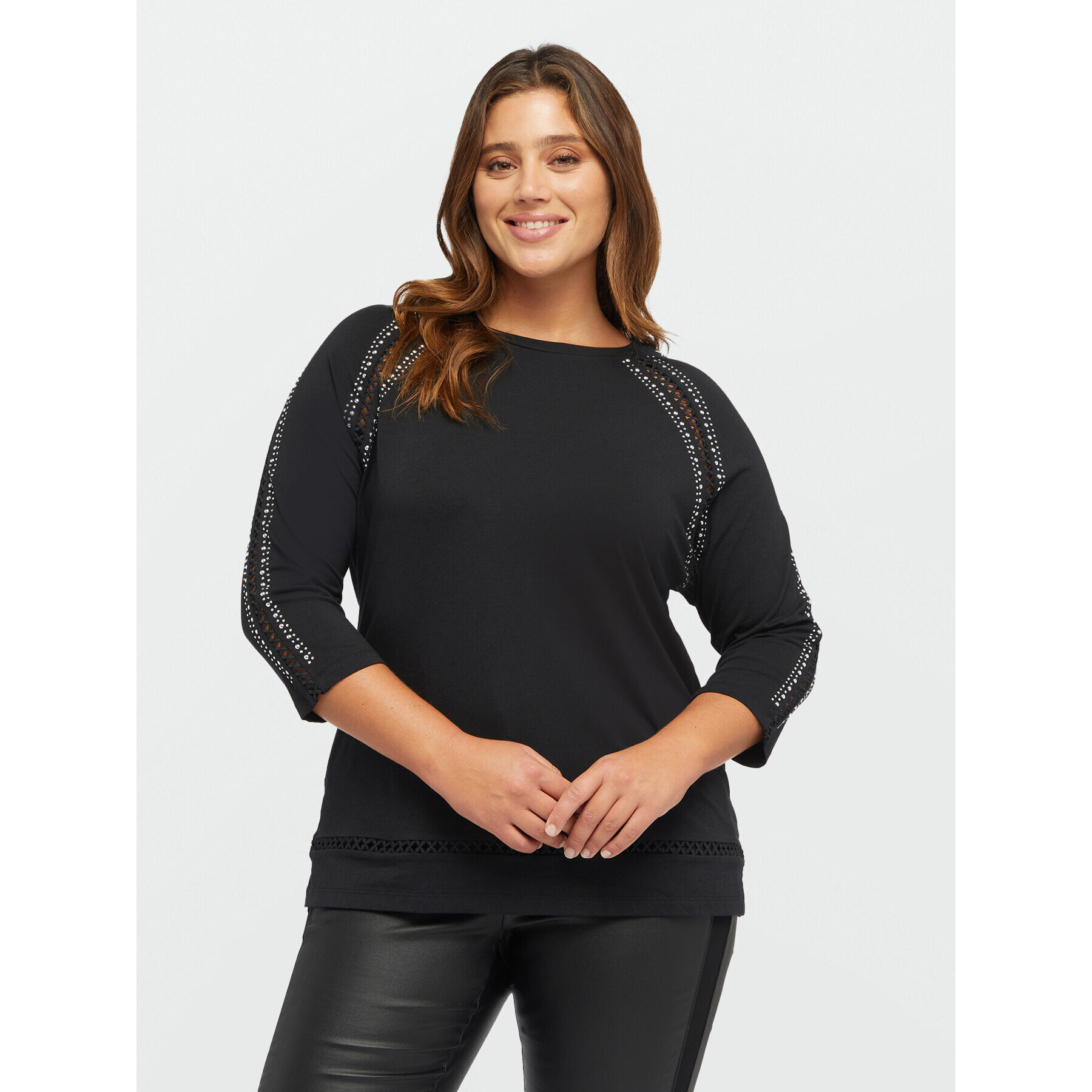 Fiorella Rubino - T-shirt con borchie e bordi a rete - Nero