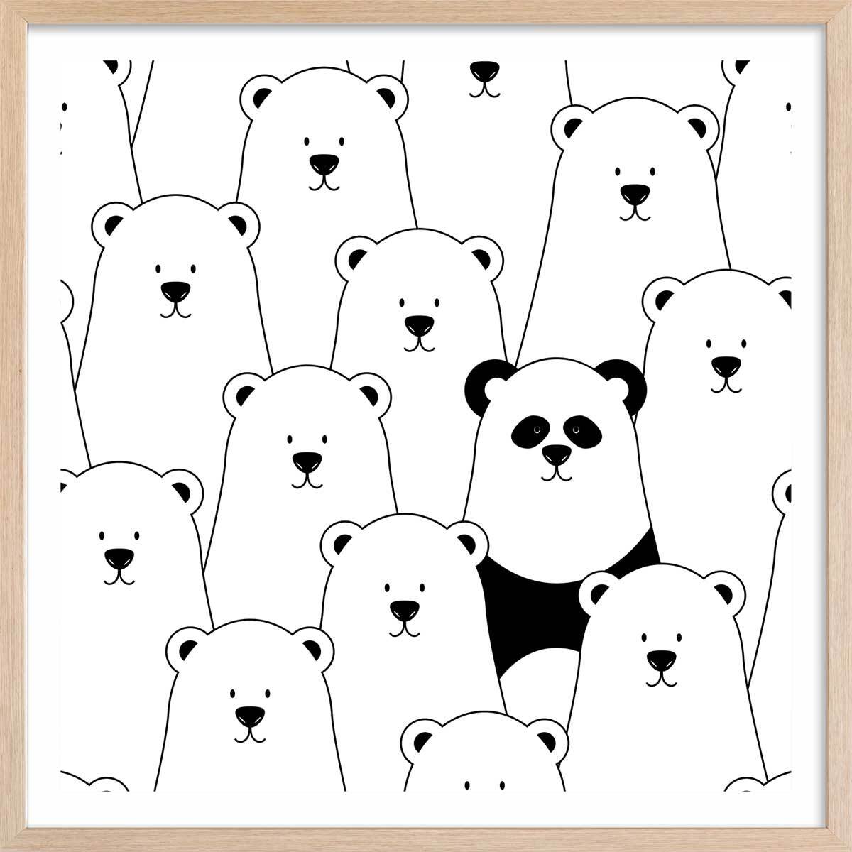 Affiche enfant ours blanc et panda noir Affiche + cadre en bois - Chêne