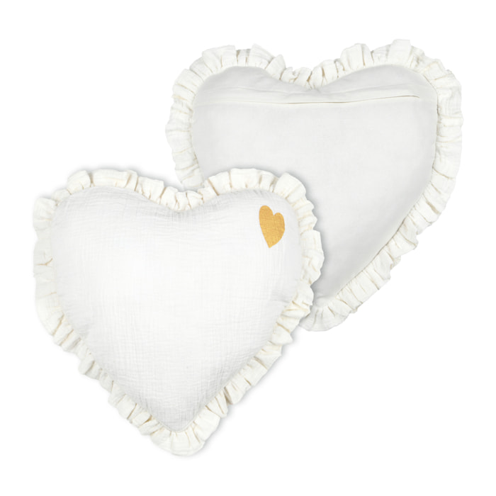 Coussin cœur en coton à volant froncé - Ecru