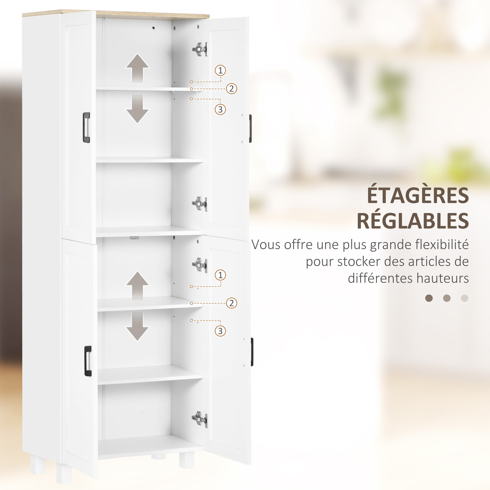 Buffet haut - armoire de cuisine - buffet cuisine vaisselier - 5 étagères - poignées métal noir effet bois clair blanc