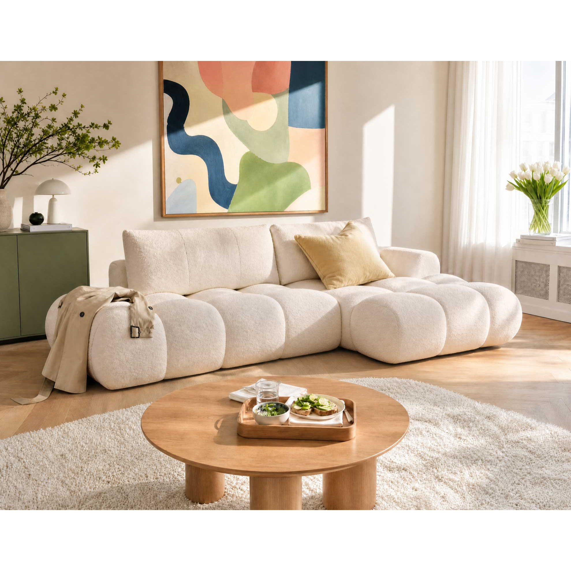 Yulin - Canapé d'angle ouvert droit 4 places convertible avec coffre en tissu bouclette - Beige