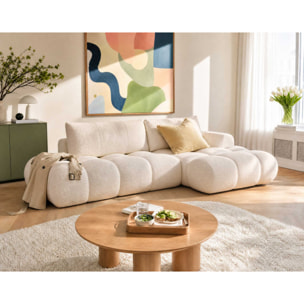 Yulin - Canapé d'angle ouvert droit 4 places convertible avec coffre en tissu bouclette - Beige