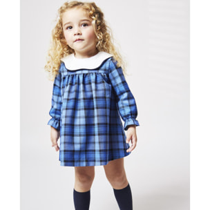 Vestido cuadros azules con cuello nube blanco