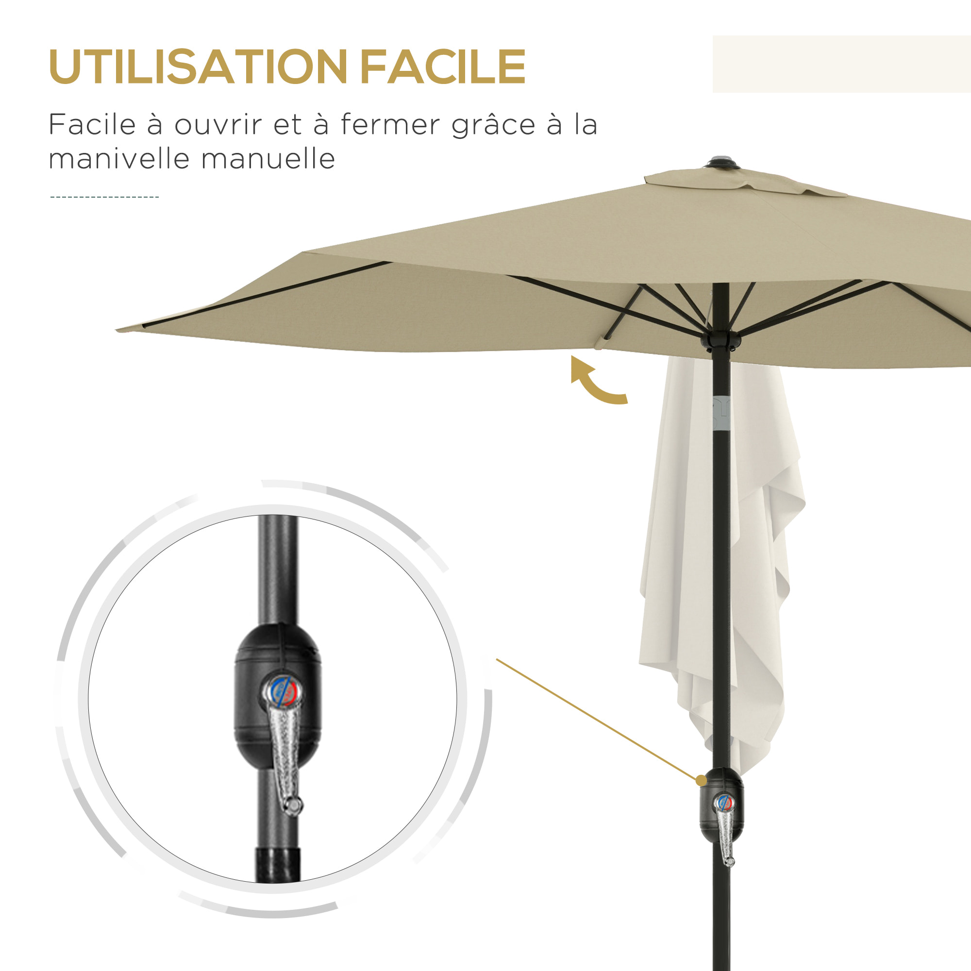 Parasol rectangulaire inclinable de jardin avec manivelle métal polyester haute densité anti UV 50+ beige