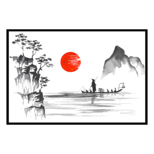 Affiche encadrée paysage poétique asiatique noir et blanc Affiche + cadre en métal - Noir
