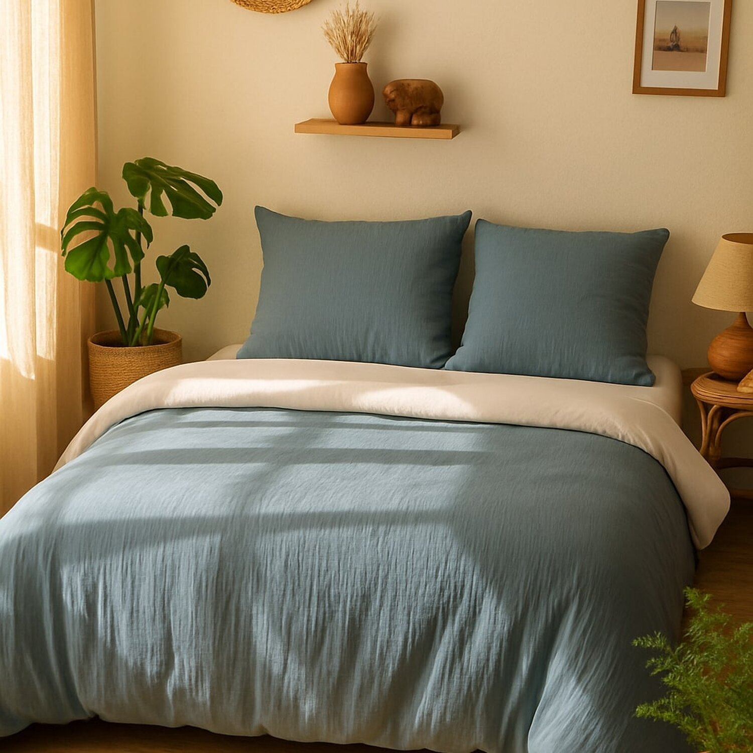 Parure housse de couette unie gaze de microfibre - maya - bleu pétrole et blanc