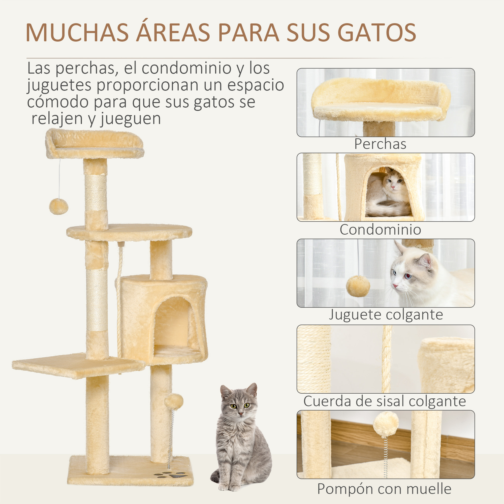 árbol para Gatos de Madera Felpa y Sisal 40x40x114cm Beige