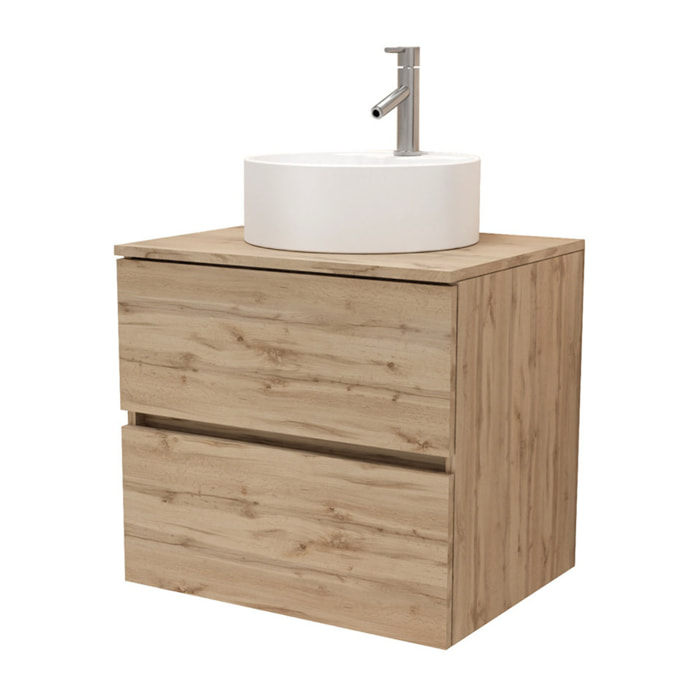 Meuble Salle de Bains 80cm 2 Tiroirs Chêne Naturel + Vasque Ronde Diamètre 41cm en Céramique Blanche