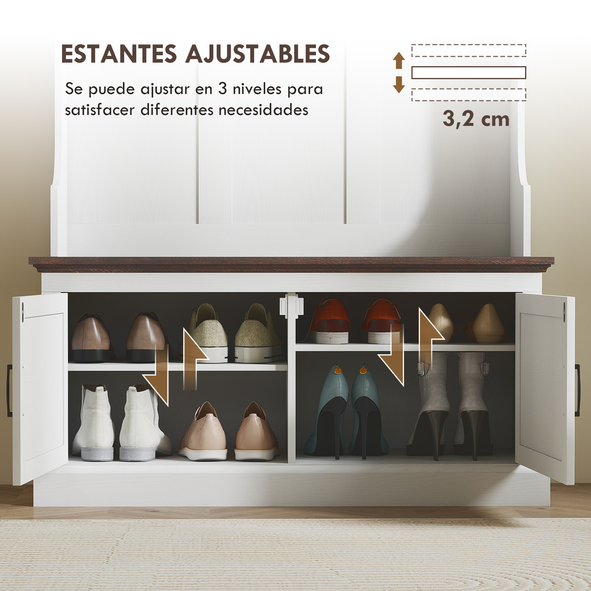 Perchero Zapatero, Perchero Entrada Recibidor con Banco Zapatero 5 Ganchos 3 Estantes Armario y Compartimentos Estilo Rústico para Pasillo Dormitorio Salón 105x40x180 cm Blanco