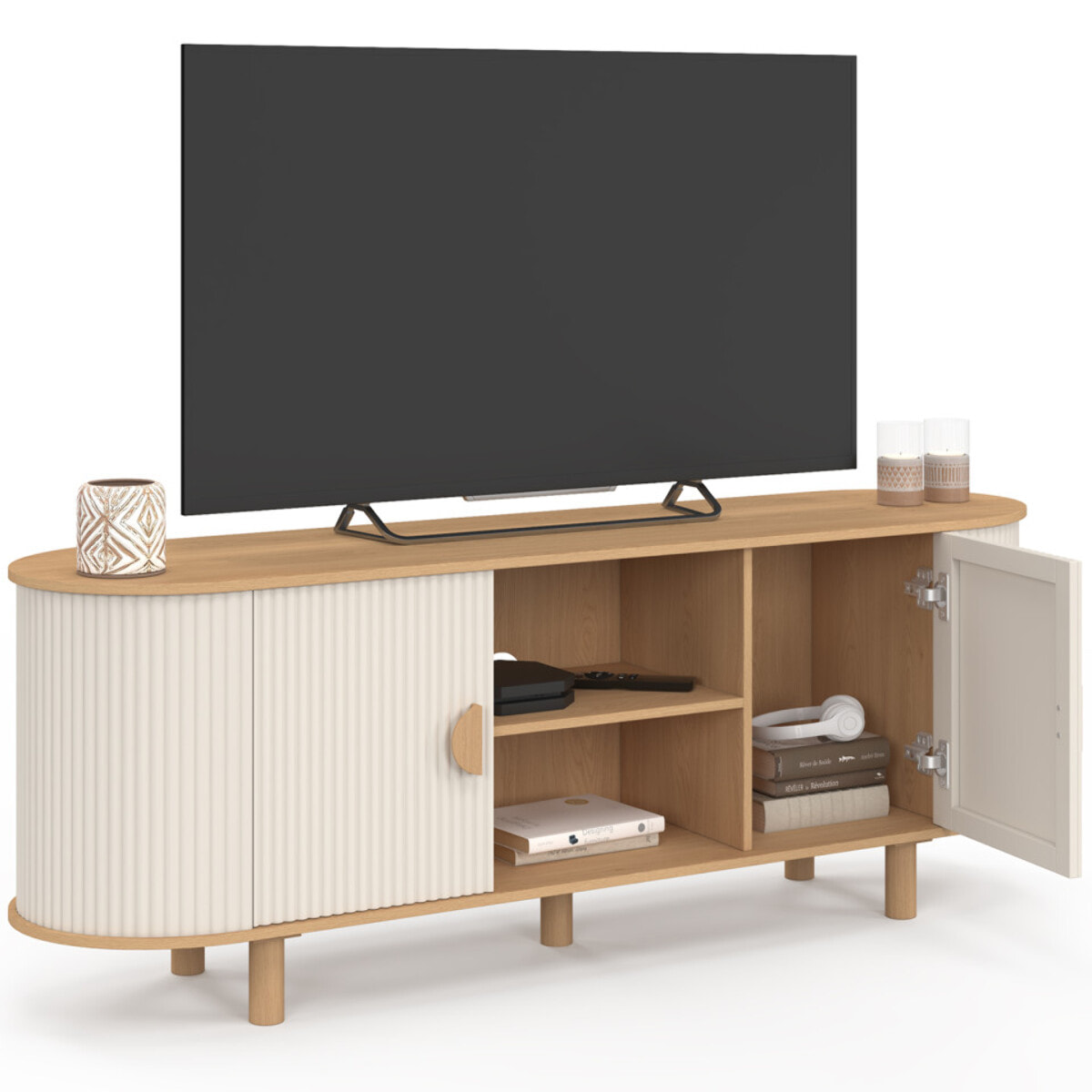 Meuble TV Kanel beige effet cannelé 140cm