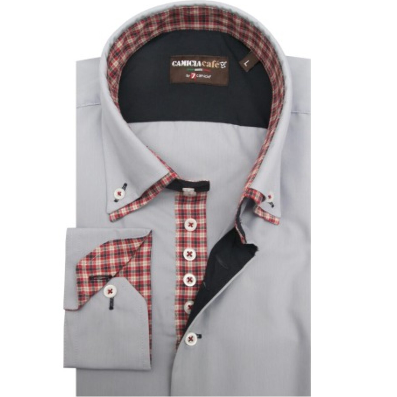 Camicia Uomo 2 Bottoni Button Down Doppio Collo 7 Bottoni Slim Cotone Poliestere Unito Grigio