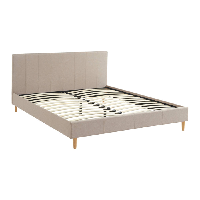 Lit avec sommier à lattes et tête de lit. finition tissu. beige L 211 x P 167.5 x H 89cm
