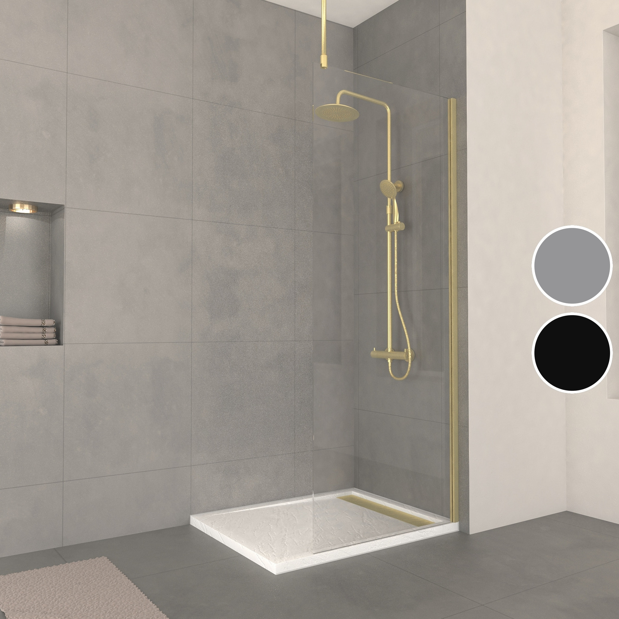 Paroi de Douche 80x200cm Verre 8mm - Profilé + Barre Plafond Finition Or Brossé - FREEDOM 2 GOLD