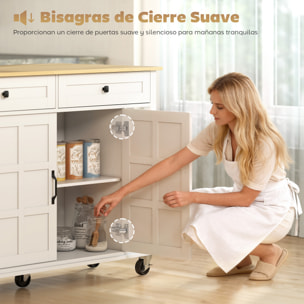 Isla de Cocina con Ruedas, Encimera Plegable, Carro de Cocina con 2 Puertas con Cierre Suave, 2 Cajones, 6 Estantes Abiertos, Blanco