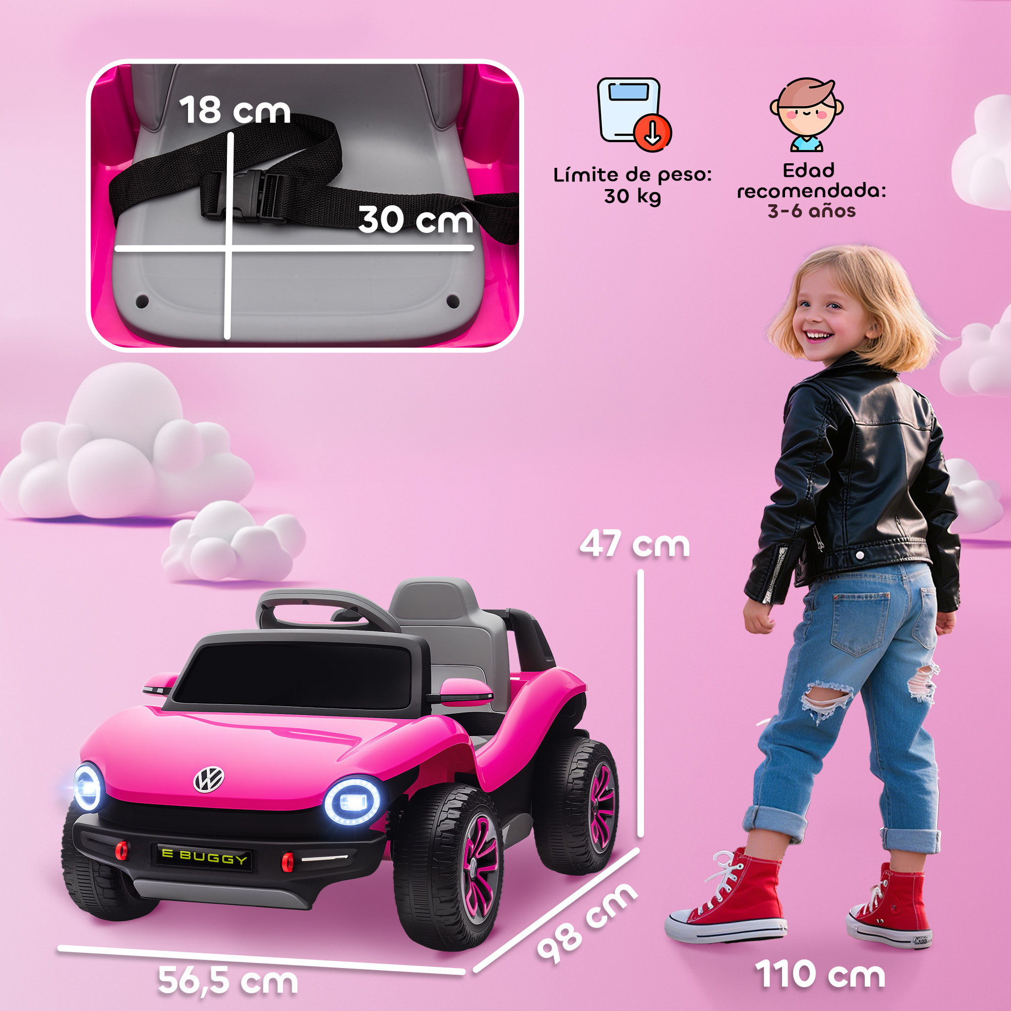 Coche Eléctrico para Niños de +3 Años, Volkswagen E-Buggy, Coche de Batería 12V, con Mando a Distancia 2,4 G, Ruedas con Suspensión, Faros LED, Música, USB, Motor Doble, Rosa