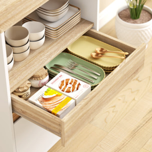 Rangement desserte de cuisine pour micro-ondes - 2 portes, 2 niches, tiroir, étagère - blanc naturel